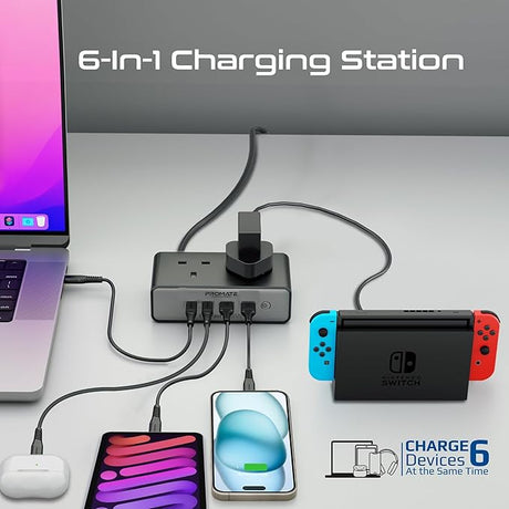 PROMATE Charging Station, 6 - in - 1 Multi - Port 65W GaNFast Power Extension with Dual 3250W AC Sockets, Dual 65W USB - C Power Delivery Ports - Al Kabayel Discount CentrePROMATE Charging Station, 6 - in - 1 Multi - Port 65W GaNFast Power Extension with Dual 3250W AC Sockets, Dual 65W USB - C Power Delivery PortsCords & AdaptersPROMATEAl Kabayel Discount Centre
