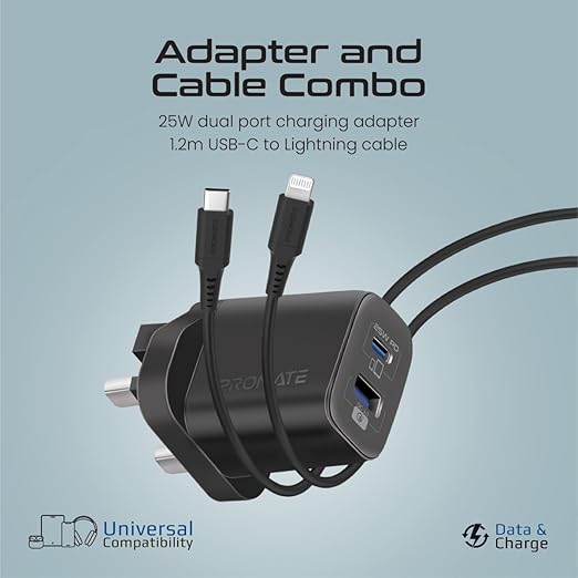 PROMATE iPhone 15 Dual Port AC Charger with USB - C to Lightning Cable, 25W Power Delivery Port, 480 Mbps Data Sync, 1.2meter Length - Al Kabayel Discount CentrePROMATE iPhone 15 Dual Port AC Charger with USB - C to Lightning Cable, 25W Power Delivery Port, 480 Mbps Data Sync, 1.2meter LengthCords & AdaptersPROMATEAl Kabayel Discount Centre