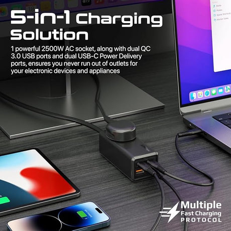 Promate Power Strip, 5 - in - 1 Multi - Port 65W GaNFast Power Extension, 2500W AC Socket, Dual USB - C Power Delivery Ports, Dual QC 3.0 Ports, 2m Cable, PowerBrix - GaN65 - Al Kabayel Discount CentrePromate Power Strip, 5 - in - 1 Multi - Port 65W GaNFast Power Extension, 2500W AC Socket, Dual USB - C Power Delivery Ports, Dual QC 3.0 Ports, 2m Cable, PowerBrix - GaN65Cords & AdaptersPROMATEAl Kabayel Discount Centre