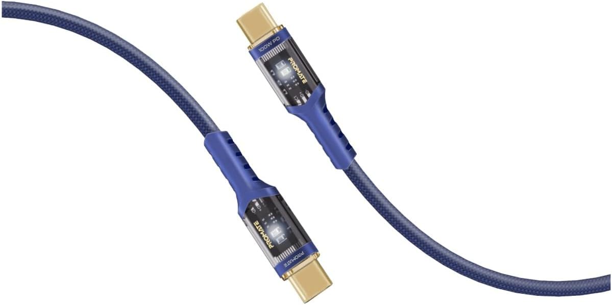 Promate USB - C to USB - C Cable, Fast - Charging 100W Power Delivery Type - C Cable with Transparent Tips, LED, 25000+ Long Bend Lifespan, 480Mbps Data Sync and 120cm Nylon Braided Cord,LucidLine - CC120 Navy - Al Kabayel Discount CentrePromate USB - C to USB - C Cable, Fast - Charging 100W Power Delivery Type - C Cable with Transparent Tips, LED, 25000+ Long Bend Lifespan, 480Mbps Data Sync and 120cm Nylon Braided Cord,LucidLine - CC120 NavyCords & AdaptersPROMATEAl Kabayel Discount Centre