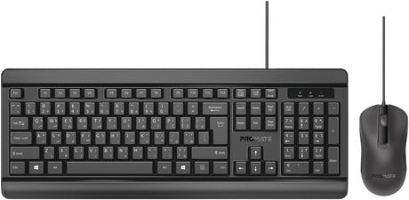 Promate Wired Keyboard and Mouse Combo, Ergonomic Slim Full - Size Quiet Keyboard, 2400 DPI Ambidextrous Mouse, Spill - Resistance, Media Keys, Plug and Play for iMac, MacBook Pro, English/Arabic Layout - Al Kabayel Discount CentrePromate Wired Keyboard and Mouse Combo, Ergonomic Slim Full - Size Quiet Keyboard, 2400 DPI Ambidextrous Mouse, Spill - Resistance, Media Keys, Plug and Play for iMac, MacBook Pro, English/Arabic LayoutElectronic AppliancesPROMATEAl Kabayel Discount Centre