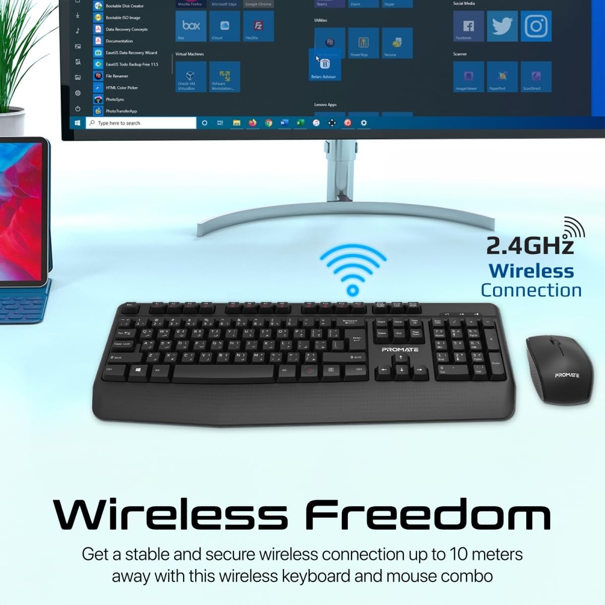 Promate Wireless Keyboard and Mouse Combo, Ergonomic Angled 2.4Ghz with 1200 DPI, Ambidextrous Mouse, Wrist Rest, Nano USB Receiver, Media Keys, for iMac, MacBook Air, ASUS, English/Arabic - Al Kabayel Discount CentrePromate Wireless Keyboard and Mouse Combo, Ergonomic Angled 2.4Ghz with 1200 DPI, Ambidextrous Mouse, Wrist Rest, Nano USB Receiver, Media Keys, for iMac, MacBook Air, ASUS, English/ArabicElectronic AppliancesPROMATEAl Kabayel Discount Centre