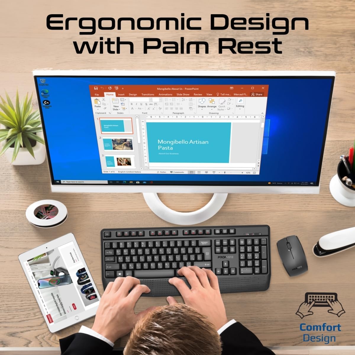 Promate Wireless Keyboard and Mouse Combo, Ergonomic Angled 2.4Ghz with 1200 DPI, Ambidextrous Mouse, Wrist Rest, Nano USB Receiver, Media Keys, for iMac, MacBook Air, ASUS, English/Arabic - Al Kabayel Discount CentrePromate Wireless Keyboard and Mouse Combo, Ergonomic Angled 2.4Ghz with 1200 DPI, Ambidextrous Mouse, Wrist Rest, Nano USB Receiver, Media Keys, for iMac, MacBook Air, ASUS, English/ArabicElectronic AppliancesPROMATEAl Kabayel Discount Centre