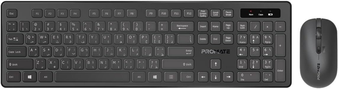 Promate Wireless Keyboard and Mouse Combo, Slim Full - Size2.4Ghz Wireless Keyboard, 1600 DPI Ambidextrous Mouse, Nano USB Receiver, Quiet Keys, Angled Kickstand for iMac, MacBook, ASUS, English/Arabic - Al Kabayel Discount CentrePromate Wireless Keyboard and Mouse Combo, Slim Full - Size2.4Ghz Wireless Keyboard, 1600 DPI Ambidextrous Mouse, Nano USB Receiver, Quiet Keys, Angled Kickstand for iMac, MacBook, ASUS, English/ArabicElectronic AppliancesPROMATEAl Kabayel Discount Centre