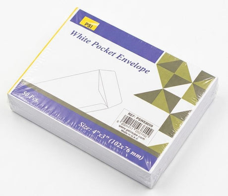 PSI White Pocket Envelopes – 50 Pcs | 4" x 3" (102 x 76 mm) - Al Kabayel Discount CentrePSI White Pocket Envelopes – 50 Pcs | 4" x 3" (102 x 76 mm)Envelopes & Mailing SuppliesPSIAl Kabayel Discount Centre