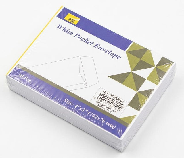 PSI White Pocket Envelopes – 50 Pcs | 4" x 3" (102 x 76 mm) - Al Kabayel Discount CentrePSI White Pocket Envelopes – 50 Pcs | 4" x 3" (102 x 76 mm)Envelopes & Mailing SuppliesPSIAl Kabayel Discount Centre