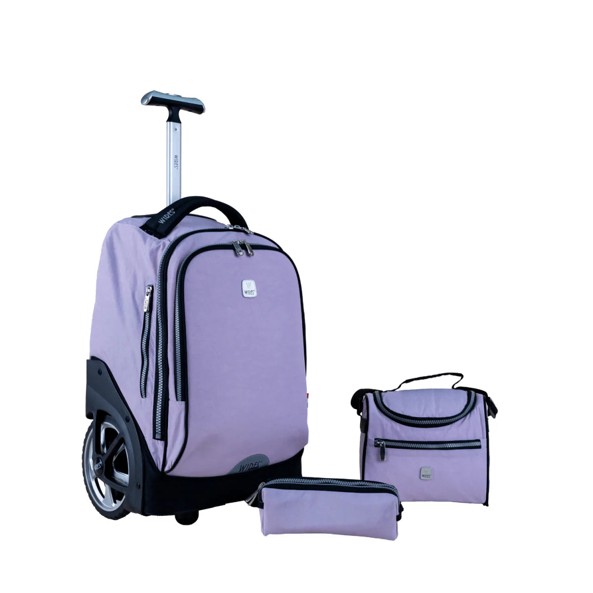 Wires Big Wheel School Bag Trolley Set of 3 (Lunch Bag & Pencil Case) Purple
