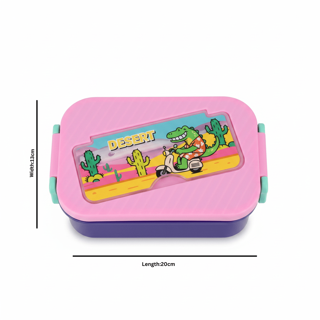 Purple & Pink Desert Adventure Kids Plastic Lunch Box with Spoon & Fork – 20×13 cm - Al Kabayel Discount CentrePurple & Pink Desert Adventure Kids Plastic Lunch Box with Spoon & Fork – 20×13 cmLunch BoxAKDCAl Kabayel Discount Centre