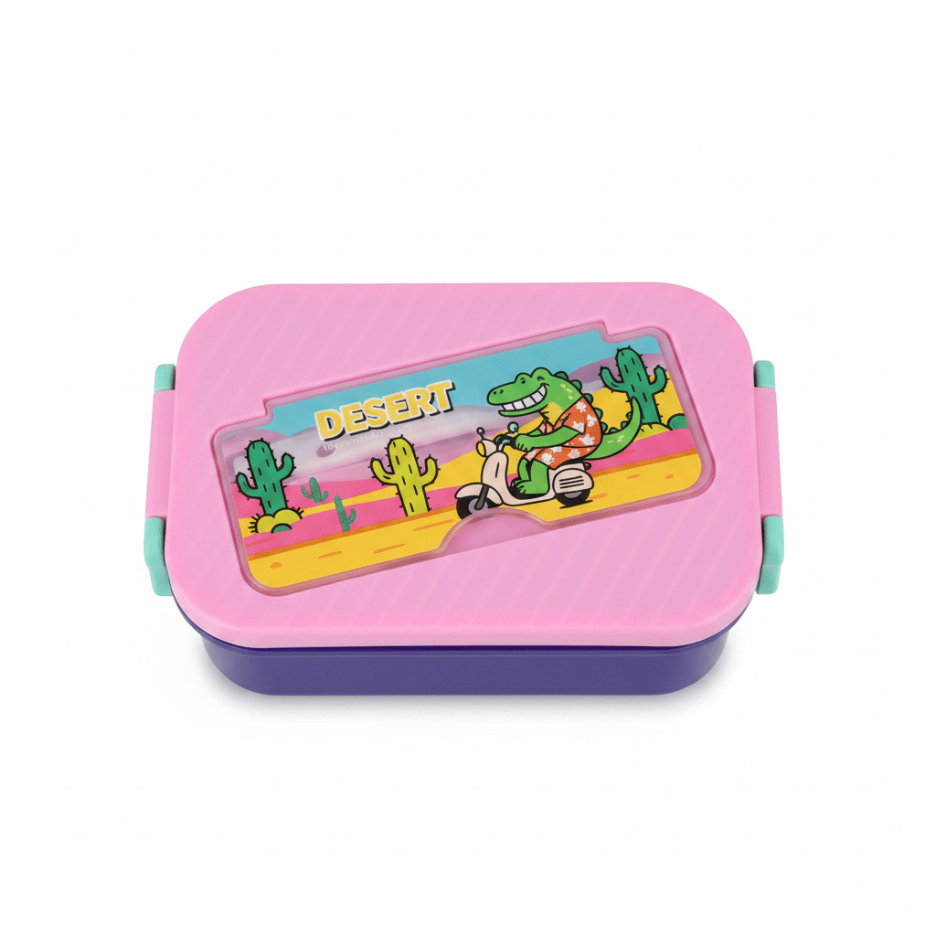 Purple & Pink Desert Adventure Kids Plastic Lunch Box with Spoon & Fork – 20×13 cm - Al Kabayel Discount CentrePurple & Pink Desert Adventure Kids Plastic Lunch Box with Spoon & Fork – 20×13 cmLunch BoxAKDCAl Kabayel Discount Centre