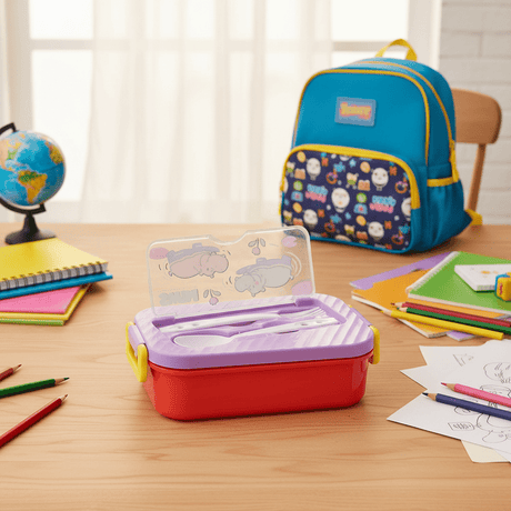 Purple & Red Kids Cartoon Hippo Plastic Lunch Box with Spoon & Fork – 20×13cm - Al Kabayel Discount CentrePurple & Red Kids Cartoon Hippo Plastic Lunch Box with Spoon & Fork – 20×13cmLunch BoxAKDCAl Kabayel Discount Centre