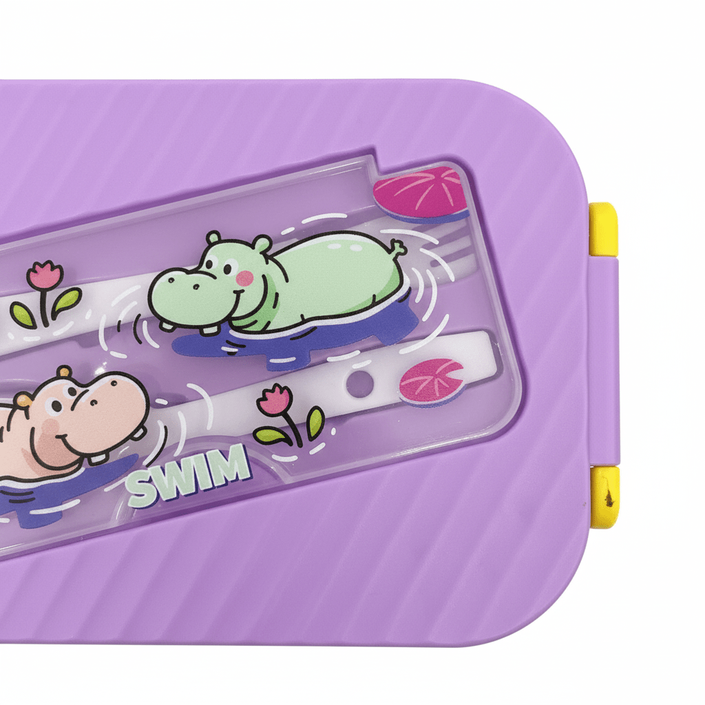 Purple & Red Kids Cartoon Hippo Plastic Lunch Box with Spoon & Fork – 20×13cm - Al Kabayel Discount CentrePurple & Red Kids Cartoon Hippo Plastic Lunch Box with Spoon & Fork – 20×13cmLunch BoxAKDCAl Kabayel Discount Centre