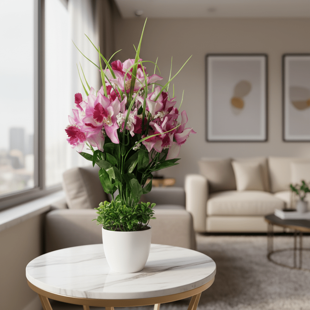 Purple & White Artificial Orchid Flower Plant with White Ceramic Vase – 38cm | Premium Home Décor - Al Kabayel Discount CentrePurple & White Artificial Orchid Flower Plant with White Ceramic Vase – 38cm | Premium Home DécorArtificial FloraAKDCAl Kabayel Discount Centre