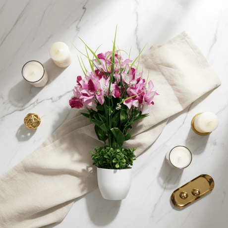 Purple & White Artificial Orchid Flower Plant with White Ceramic Vase – 38cm | Premium Home Décor - Al Kabayel Discount CentrePurple & White Artificial Orchid Flower Plant with White Ceramic Vase – 38cm | Premium Home DécorArtificial FloraAKDCAl Kabayel Discount Centre