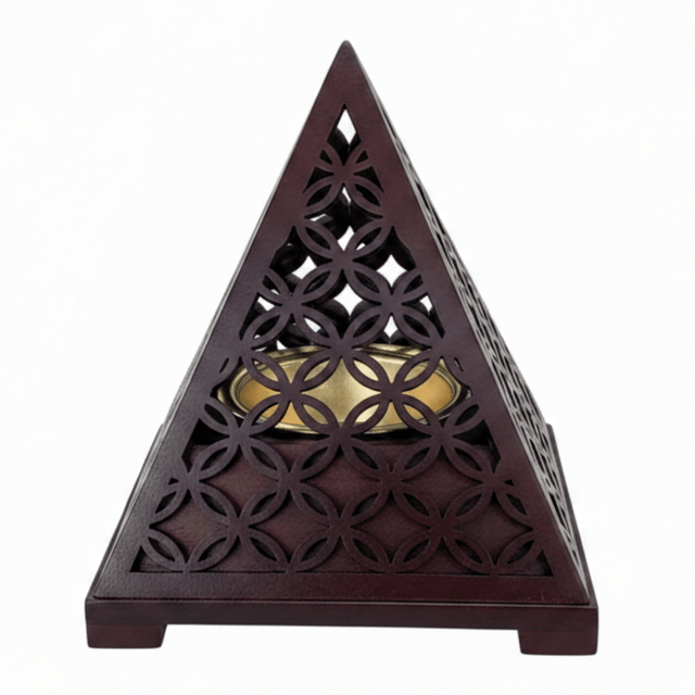 Pyramid Incense Burner — Dark Mahogany Wood with Gold Brass Cup | 14×11cm - Al Kabayel Discount CentrePyramid Incense Burner — Dark Mahogany Wood with Gold Brass Cup | 14×11cmIncense BurnerAKDCAl Kabayel Discount Centre