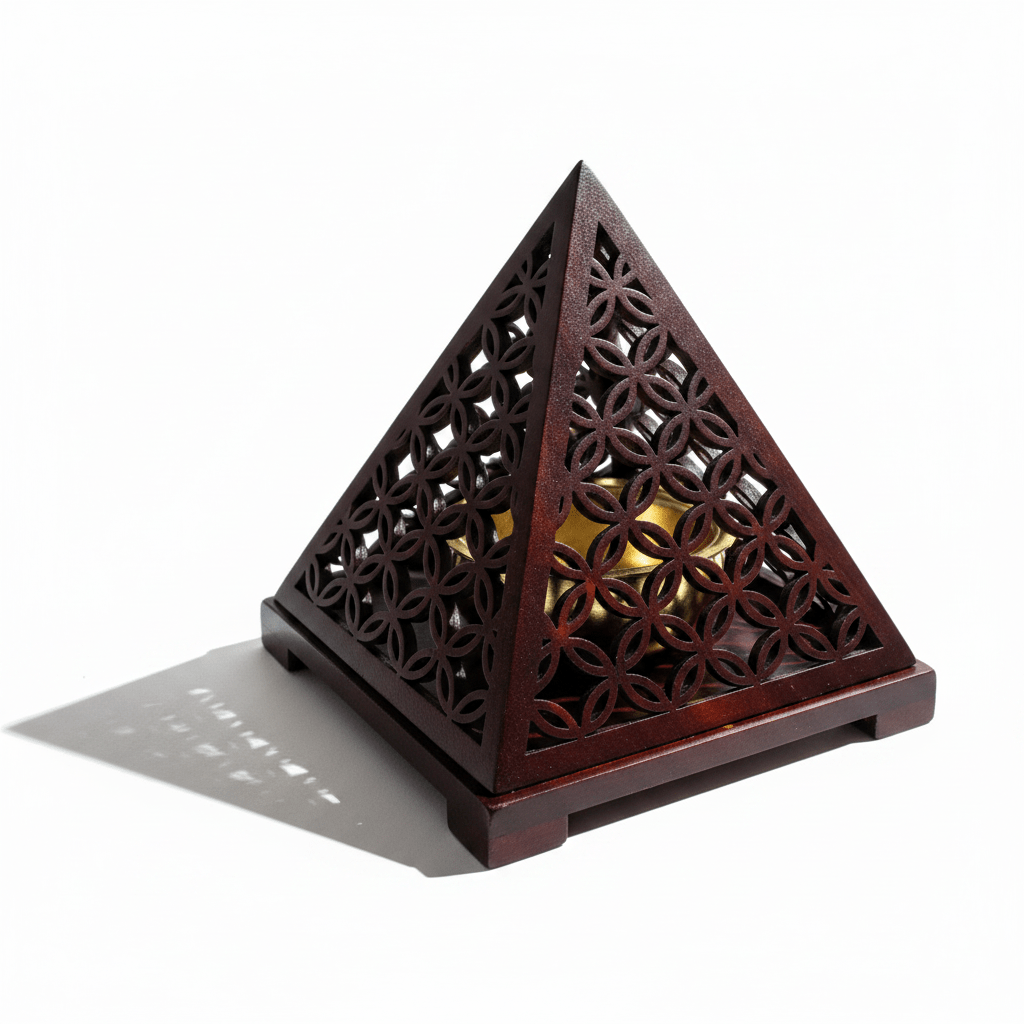 Pyramid Incense Burner — Dark Mahogany Wood with Gold Brass Cup | 14×11cm - Al Kabayel Discount CentrePyramid Incense Burner — Dark Mahogany Wood with Gold Brass Cup | 14×11cmIncense BurnerAKDCAl Kabayel Discount Centre