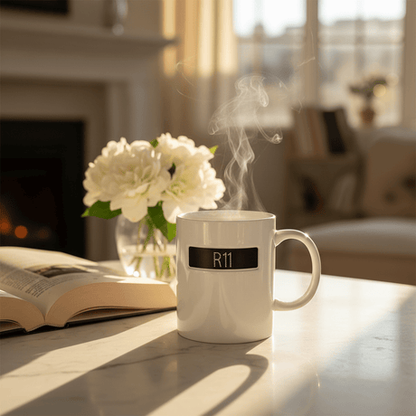 R11 Ceramic Mug 350ml | White Mug with Rhinestone Black Label Design - Al Kabayel Discount CentreR11 Ceramic Mug 350ml | White Mug with Rhinestone Black Label DesignMugsAKDCAl Kabayel Discount Centre