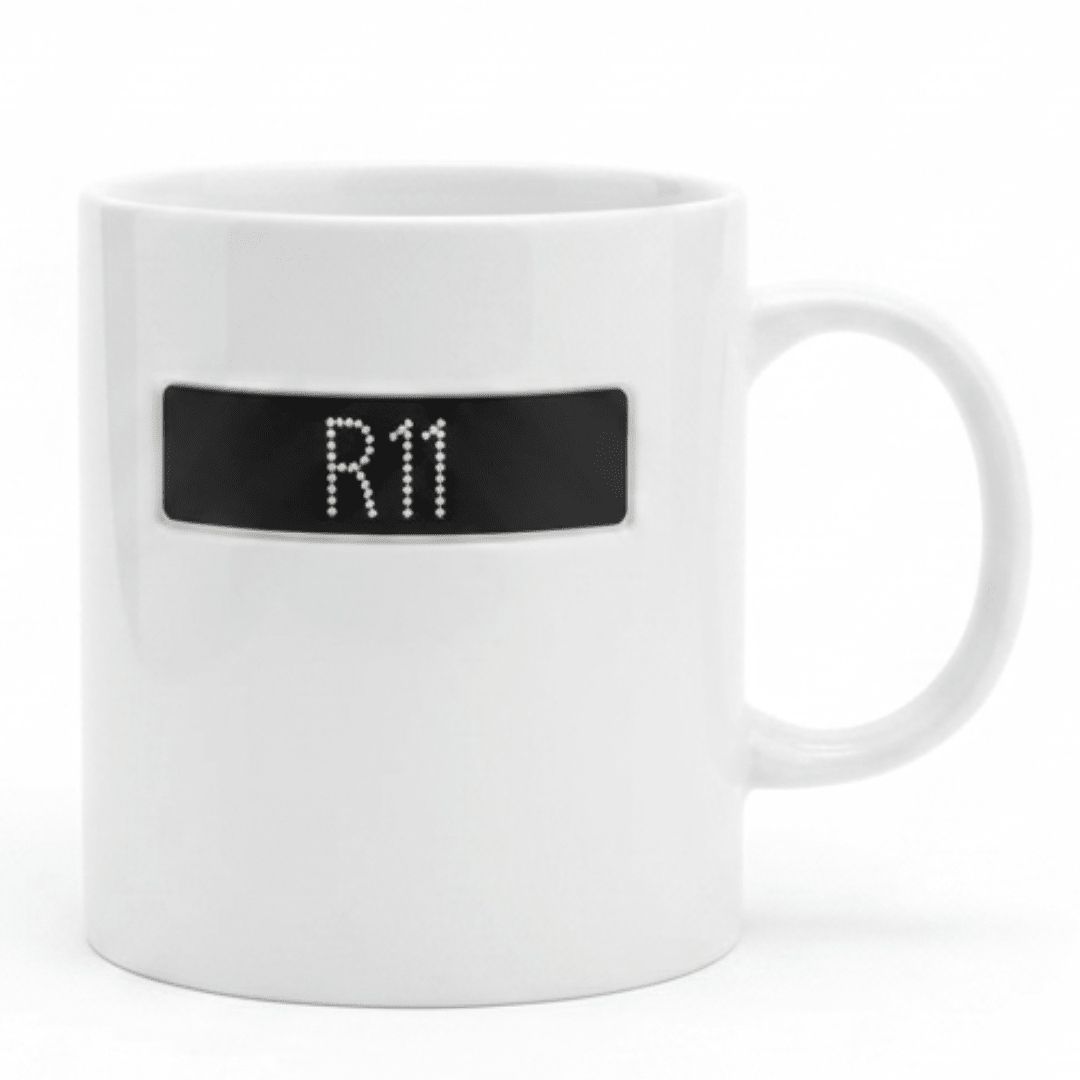 R11 Ceramic Mug 350ml | White Mug with Rhinestone Black Label Design - Al Kabayel Discount CentreR11 Ceramic Mug 350ml | White Mug with Rhinestone Black Label DesignMugsAKDCAl Kabayel Discount Centre