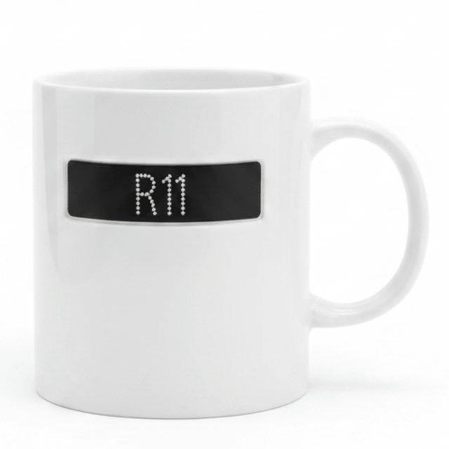 R11 Ceramic Mug 350ml | White Mug with Rhinestone Black Label Design - Al Kabayel Discount CentreR11 Ceramic Mug 350ml | White Mug with Rhinestone Black Label DesignMugsAKDCAl Kabayel Discount Centre