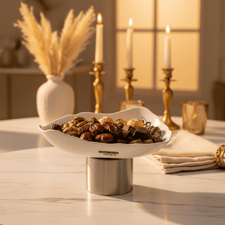 Raz Silver Metal Footed White Ceramic Candy Bowl for Sweets, Dates & Serving Display 25 × 13 cm - Al Kabayel Discount CentreRaz Silver Metal Footed White Ceramic Candy Bowl for Sweets, Dates & Serving Display 25 × 13 cmBowlsRAZAl Kabayel Discount Centre