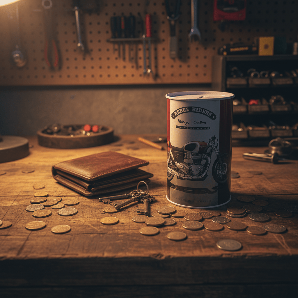Rebel Riders Vintage Custom Metal Coin Piggy Bank Tin Box – Motorcycle Savings Box for Kids | 13×8 cm - Al Kabayel Discount CentreRebel Riders Vintage Custom Metal Coin Piggy Bank Tin Box – Motorcycle Savings Box for Kids | 13×8 cmOrganizers & AccessoriesAKDCAl Kabayel Discount Centre