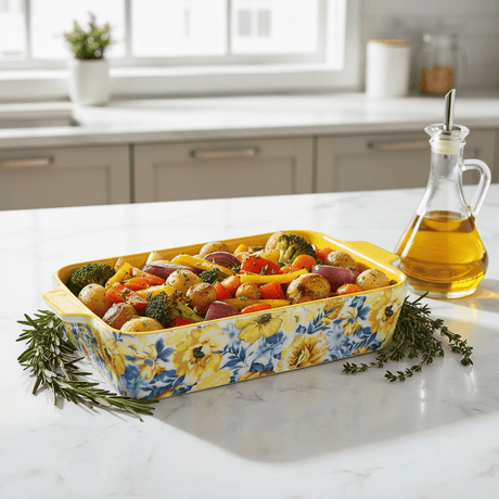 Rectangular Ceramic Baking Dish with Floral Handle Design In Assorted Colours – Stylish Oven - to - Serve Dish (26×18 cm) - Al Kabayel Discount CentreRectangular Ceramic Baking Dish with Floral Handle Design In Assorted Colours – Stylish Oven - to - Serve Dish (26×18 cm)Roasting PansAKDCAl Kabayel Discount Centre
