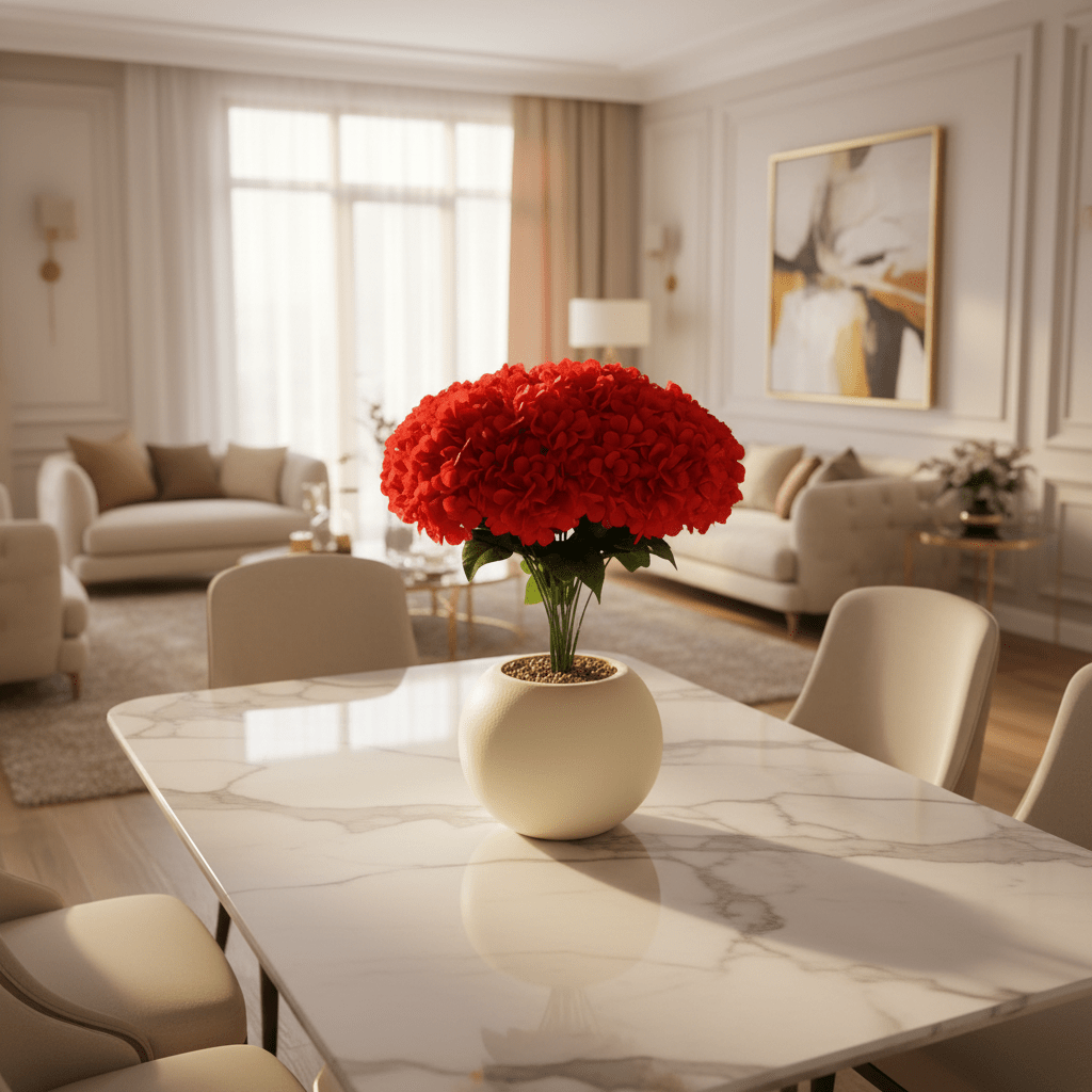 Red Artificial Hydrangea Arrangement | Cream Round Ball Pot | 35cm - Al Kabayel Discount CentreRed Artificial Hydrangea Arrangement | Cream Round Ball Pot | 35cmArtificial FloraAKDCAl Kabayel Discount Centre