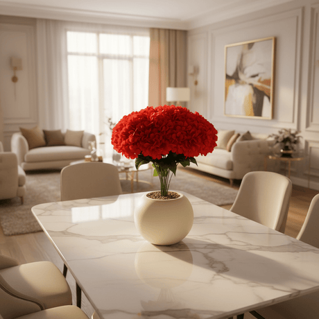 Red Artificial Hydrangea Arrangement | Cream Round Ball Pot | 35cm - Al Kabayel Discount CentreRed Artificial Hydrangea Arrangement | Cream Round Ball Pot | 35cmArtificial FloraAKDCAl Kabayel Discount Centre