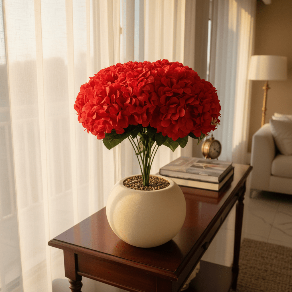 Red Artificial Hydrangea Arrangement | Cream Round Ball Pot | 35cm - Al Kabayel Discount CentreRed Artificial Hydrangea Arrangement | Cream Round Ball Pot | 35cmArtificial FloraAKDCAl Kabayel Discount Centre