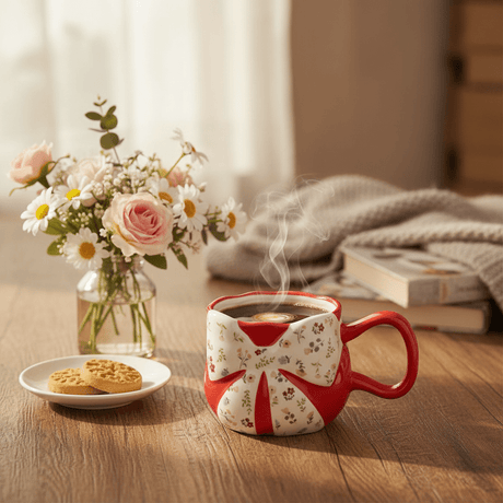 Red Bow Ceramic Mug — Floral Elegance Edition | 300ml - Al Kabayel Discount CentreRed Bow Ceramic Mug — Floral Elegance Edition | 300mlMugsAKDCAl Kabayel Discount Centre