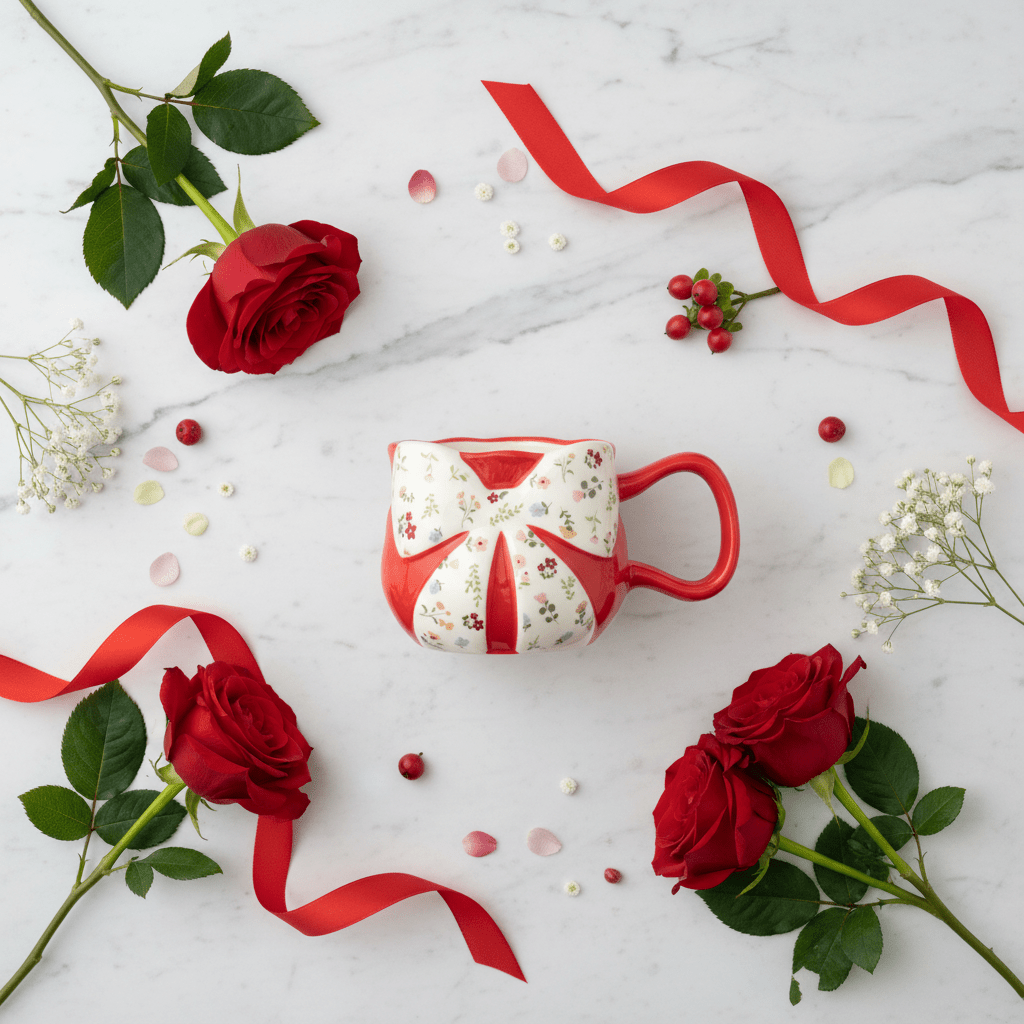 Red Bow Ceramic Mug — Floral Elegance Edition | 300ml - Al Kabayel Discount CentreRed Bow Ceramic Mug — Floral Elegance Edition | 300mlMugsAKDCAl Kabayel Discount Centre