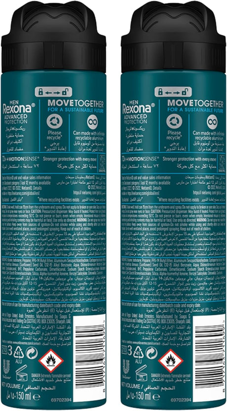Rexona Men Advanced Protection Antiperspirant Deodorant Spray, 72 hour sweat & odor protection, Active Dry, with MotionSense technology - 150ML(Pack Of 2) - Al Kabayel Discount CentreRexona Men Advanced Protection Antiperspirant Deodorant Spray, 72 hour sweat & odor protection, Active Dry, with MotionSense technology - 150ML(Pack Of 2)Body Mists & SpraysREXONAAl Kabayel Discount Centre