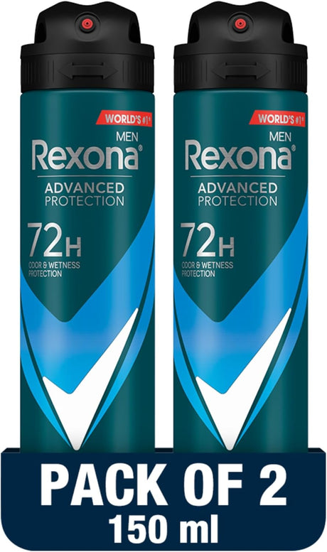 Rexona Men Advanced Protection Antiperspirant Deodorant Spray, 72 hour sweat & odor protection, Active Dry, with MotionSense technology - 150ML(Pack Of 2) - Al Kabayel Discount CentreRexona Men Advanced Protection Antiperspirant Deodorant Spray, 72 hour sweat & odor protection, Active Dry, with MotionSense technology - 150ML(Pack Of 2)Body Mists & SpraysREXONAAl Kabayel Discount Centre