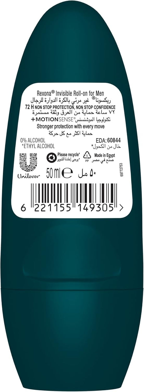 Rexona Men Antiperspirant Deodorant Roll On, 72 hour sweat & odor protection*, Antibacterial + Invisible, with MotionSense technology - 50ML - Al Kabayel Discount CentreRexona Men Antiperspirant Deodorant Roll On, 72 hour sweat & odor protection*, Antibacterial + Invisible, with MotionSense technology - 50MLDeodorants & AntiperspirantsREXONAAl Kabayel Discount Centre