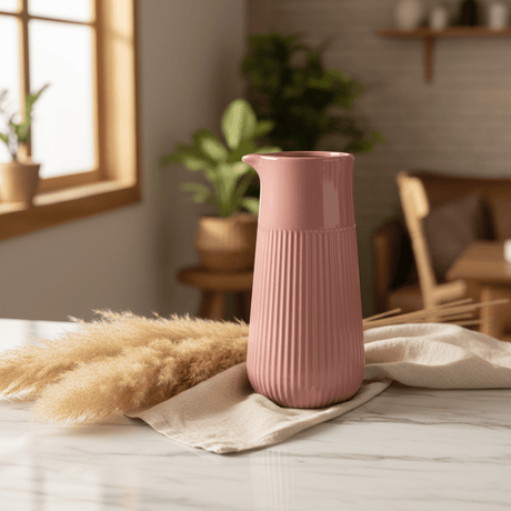 Ribbed Ceramic Pitcher Vase - 25×9 cm - Rose / Sage Green / Beige - Al Kabayel Discount CentreRibbed Ceramic Pitcher Vase - 25×9 cm - Rose / Sage Green / BeigeFlower VaseAKDCAl Kabayel Discount Centre