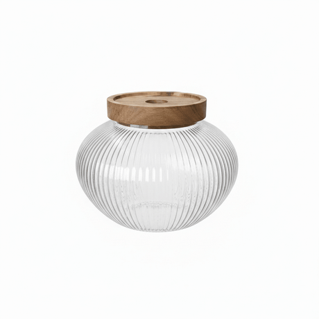 Ribbed Glass Jar with Wooden Lid - 10×7cm - Al Kabayel Discount CentreRibbed Glass Jar with Wooden Lid - 10×7cmJars & Food SaversAKDCAl Kabayel Discount Centre