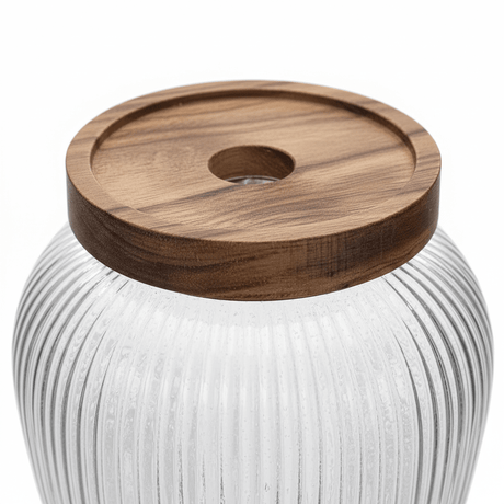Ribbed Glass Jar with Wooden Lid – 16x7 cm - Al Kabayel Discount CentreRibbed Glass Jar with Wooden Lid – 16x7 cmJars & Food SaversAKDCAl Kabayel Discount Centre