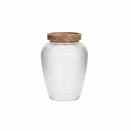 Ribbed Glass Jar with Wooden Lid – 16x7 cm - Al Kabayel Discount CentreRibbed Glass Jar with Wooden Lid – 16x7 cmJars & Food SaversAKDCAl Kabayel Discount Centre