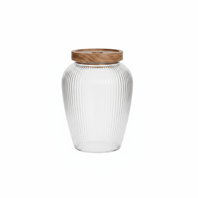 Ribbed Glass Jar with Wooden Lid – 16x7 cm - Al Kabayel Discount CentreRibbed Glass Jar with Wooden Lid – 16x7 cmJars & Food SaversAKDCAl Kabayel Discount Centre