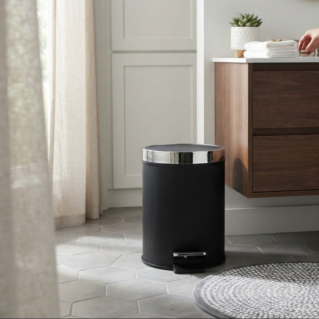 Ribbed Pedal Dustbin with Chrome Lid – 30×25 cm - Navy Blue / Black - Al Kabayel Discount CentreRibbed Pedal Dustbin with Chrome Lid – 30×25 cm - Navy Blue / BlackOrganizers & AccessoriesAKDCAl Kabayel Discount Centre