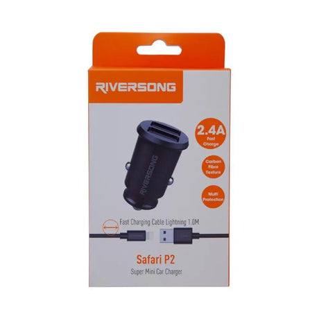 RIVERSONG Safari P2 Carbon USB Car Charger 2.4 Amp with 1 meter Lightning Cable Black - Al Kabayel Discount CentreRIVERSONG Safari P2 Carbon USB Car Charger 2.4 Amp with 1 meter Lightning Cable BlackCords & AdaptersRIVERSONGAl Kabayel Discount Centre