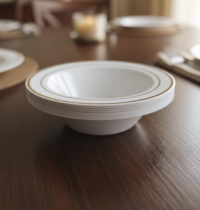 Rosymoment Premium 4" Heavyweight Disposable Plastic Bowls – Stylish Gold Round Border, 32g, Set of 10 Elegant Small Bowls for Events - Al Kabayel Discount CentreRosymoment Premium 4" Heavyweight Disposable Plastic Bowls – Stylish Gold Round Border, 32g, Set of 10 Elegant Small Bowls for EventsDisposablesROSYMOMENTAl Kabayel Discount Centre
