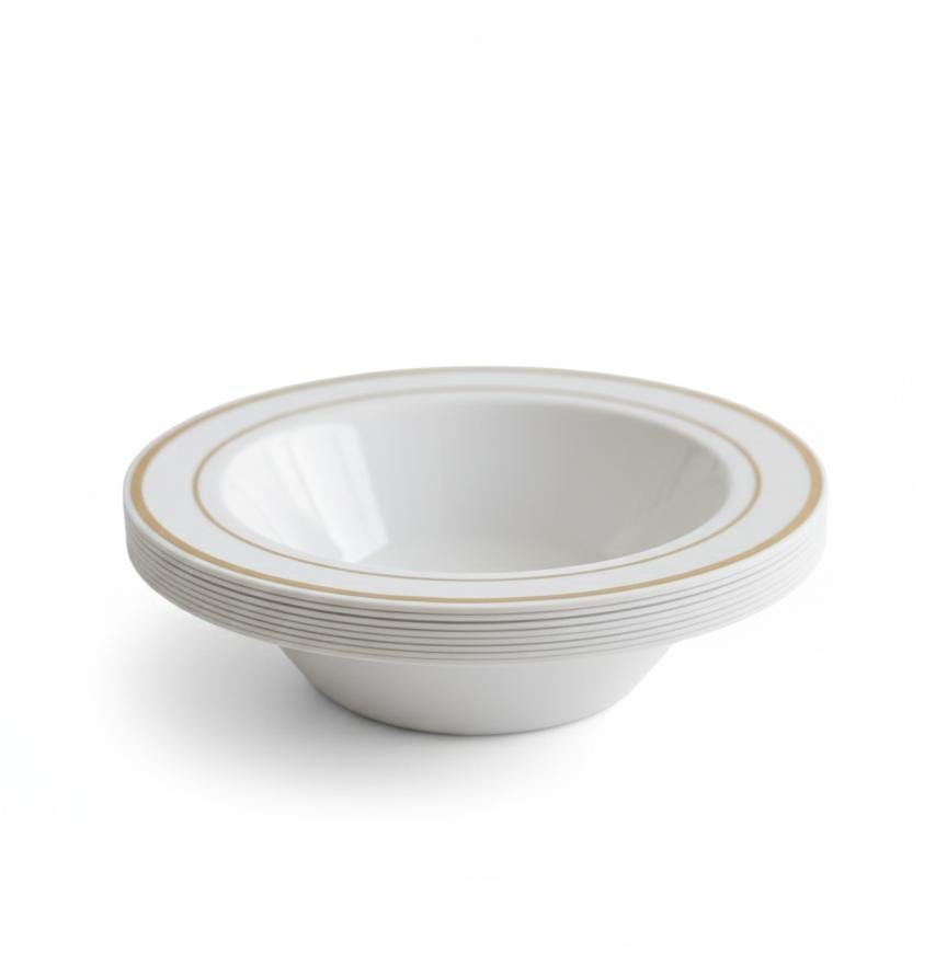 Rosymoment Premium 4" Heavyweight Disposable Plastic Bowls – Stylish Gold Round Border, 32g, Set of 10 Elegant Small Bowls for Events - Al Kabayel Discount CentreRosymoment Premium 4" Heavyweight Disposable Plastic Bowls – Stylish Gold Round Border, 32g, Set of 10 Elegant Small Bowls for EventsDisposablesROSYMOMENTAl Kabayel Discount Centre