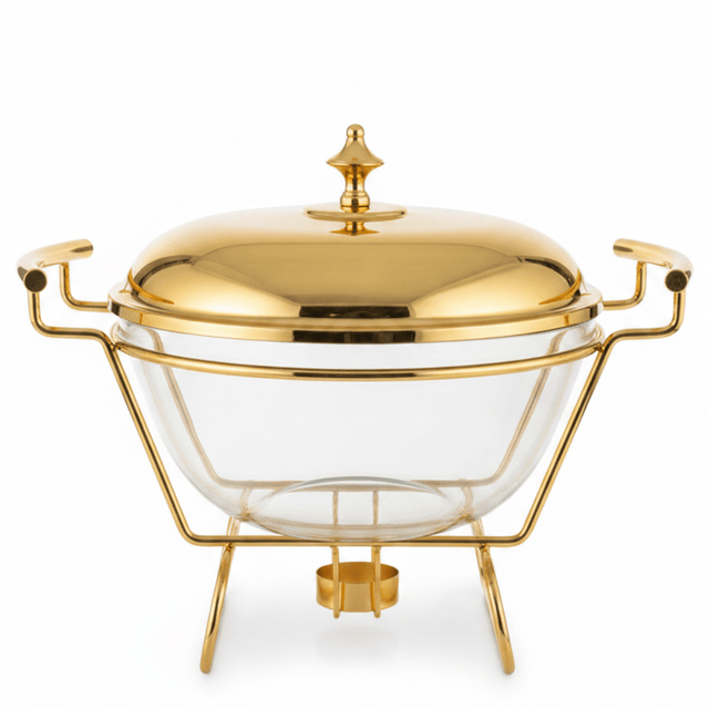 Round Glass Chafing Dish Warmer with Gold - Plated Stand and Lid – Premium Serving Solution (27×20 cm) - Al Kabayel Discount CentreRound Glass Chafing Dish Warmer with Gold - Plated Stand and Lid – Premium Serving Solution (27×20 cm)WarmersAKDCAl Kabayel Discount Centre