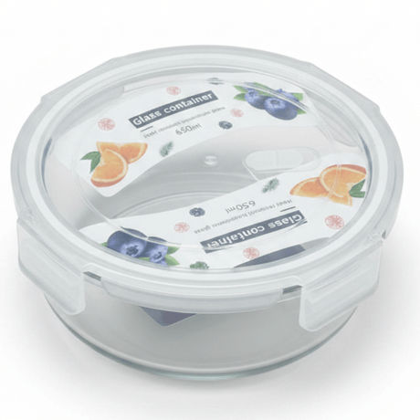 Round Glass Food Storage Container with Airtight Leakproof Plastic Lid – Durable Heat - Resistant Glass – 650 ml Capacity - Al Kabayel Discount CentreRound Glass Food Storage Container with Airtight Leakproof Plastic Lid – Durable Heat - Resistant Glass – 650 ml CapacityFood ContainersAKDCAl Kabayel Discount Centre