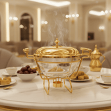 Round Glass Food Warmer with Polished Gold Stand and Heat - Resistant Lid – Elegant Buffet Server (21×16 cm) - Al Kabayel Discount CentreRound Glass Food Warmer with Polished Gold Stand and Heat - Resistant Lid – Elegant Buffet Server (21×16 cm)WarmersAKDCAl Kabayel Discount Centre