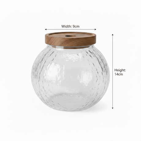 Round Textured Glass Jar with Wooden Lid - 14×9cm - Al Kabayel Discount CentreRound Textured Glass Jar with Wooden Lid - 14×9cmJars & Food SaversAKDCAl Kabayel Discount Centre