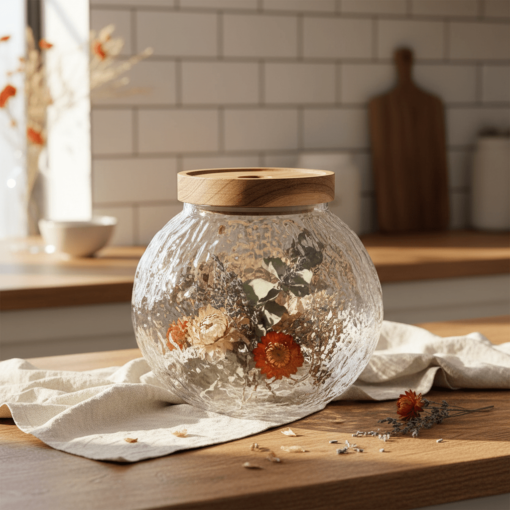 Round Textured Glass Jar with Wooden Lid - 14×9cm - Al Kabayel Discount CentreRound Textured Glass Jar with Wooden Lid - 14×9cmJars & Food SaversAKDCAl Kabayel Discount Centre