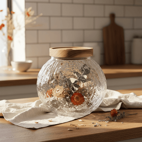 Round Textured Glass Jar with Wooden Lid - 14×9cm - Al Kabayel Discount CentreRound Textured Glass Jar with Wooden Lid - 14×9cmJars & Food SaversAKDCAl Kabayel Discount Centre