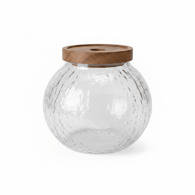 Round Textured Glass Jar with Wooden Lid - 14×9cm - Al Kabayel Discount CentreRound Textured Glass Jar with Wooden Lid - 14×9cmJars & Food SaversAKDCAl Kabayel Discount Centre