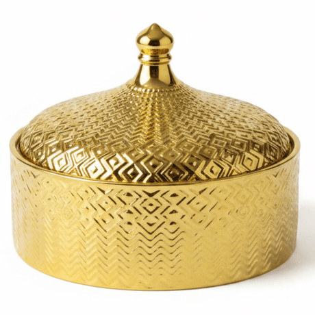 Royal Ceramic Candy Bowl with Lid | Embossed Geometric Design | 18×6 cm | Gold & White,Silver & White | - Al Kabayel Discount CentreRoyal Ceramic Candy Bowl with Lid | Embossed Geometric Design | 18×6 cm | Gold & White,Silver & White |Jars & Food SaversAKDCAl Kabayel Discount Centre